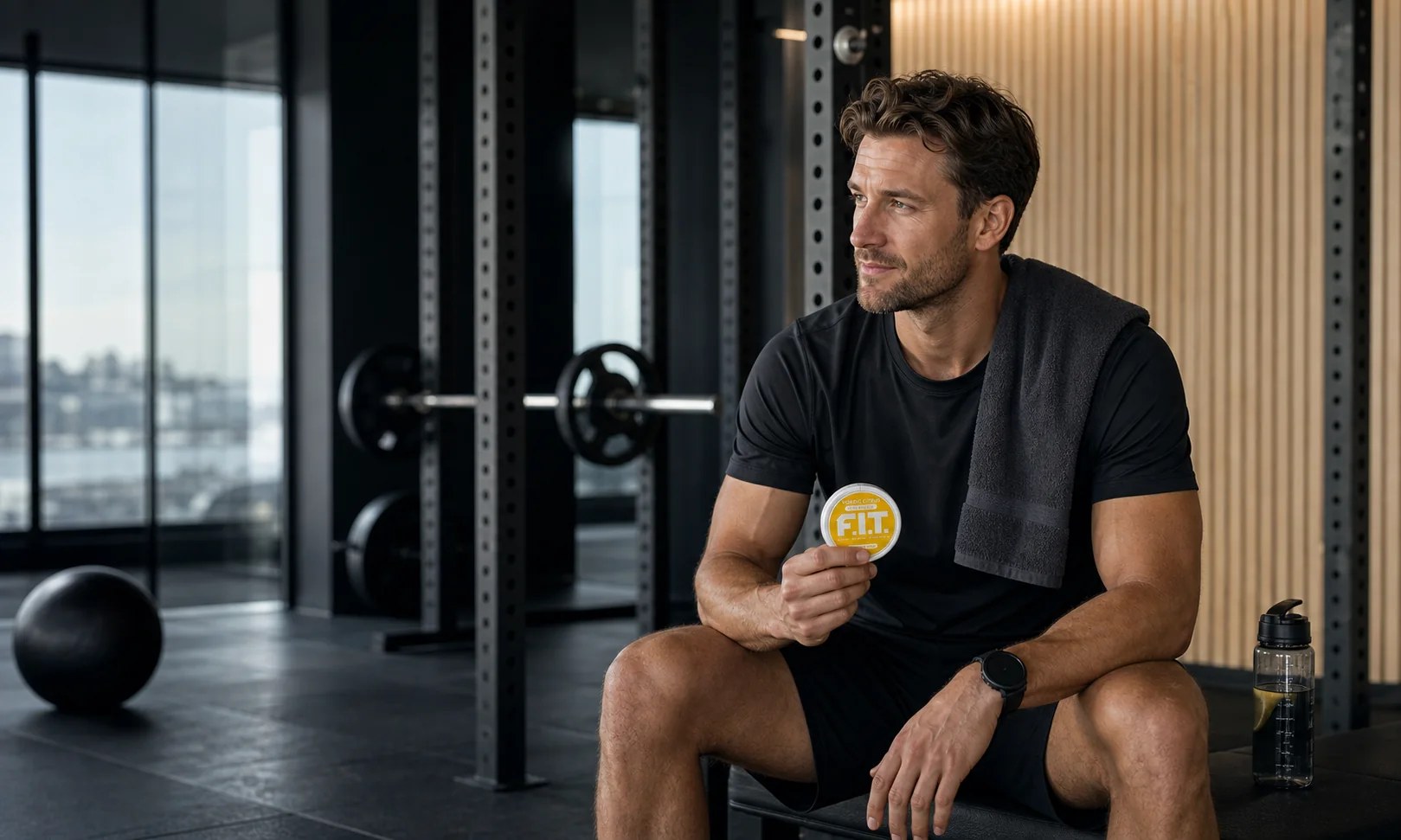 Nordic male athlete holding F.I.T. pouch can in a premium gym