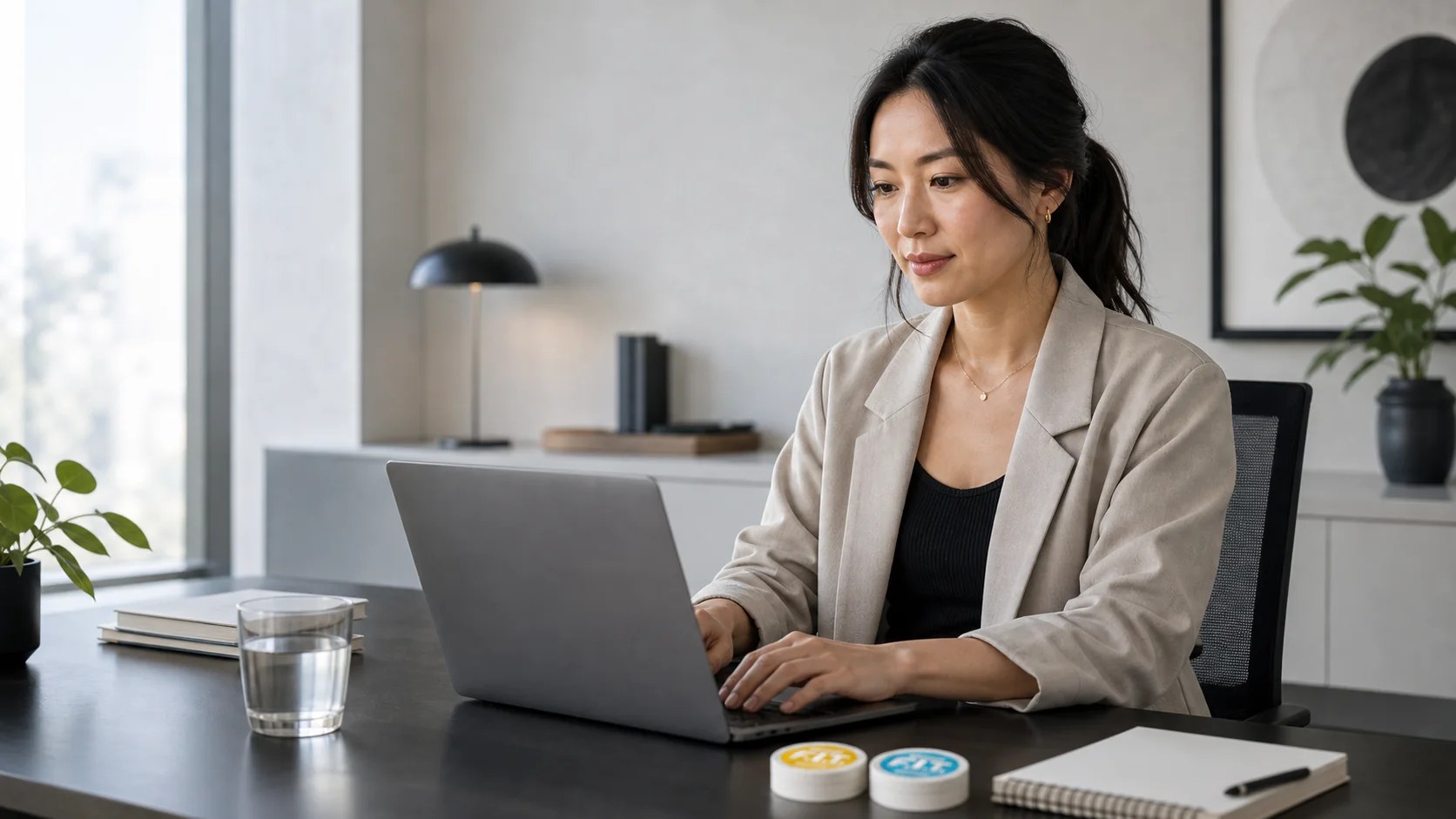 Focused professional with F.I.T. pouches in a modern office