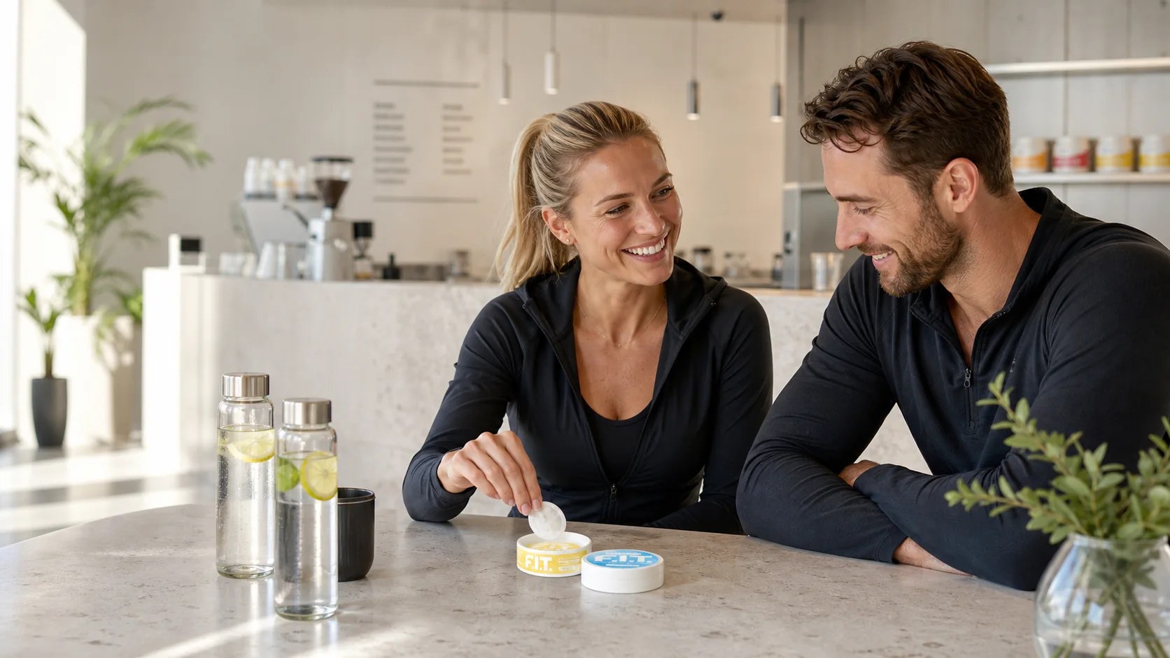 Nordic wellness cafe scene with F.I.T. pouch cans